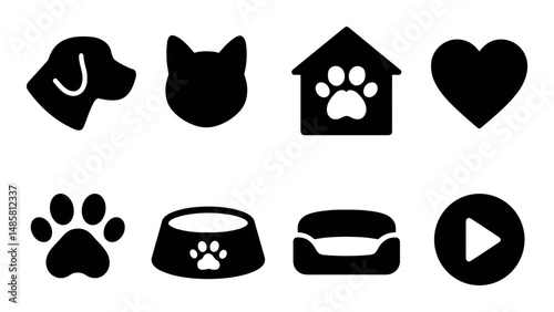 Pet care icons: dog, cat, home, heart, paw, bowl, bed, play