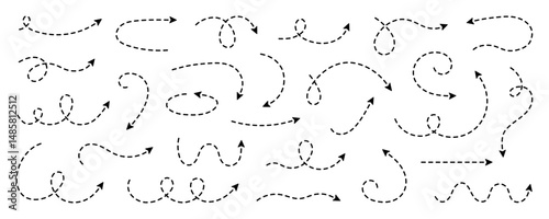 Dash line arrows doodle set.  Dotted zigzag arrow stripes, curved pointers. Hand drawn vector illustration isolated on white background