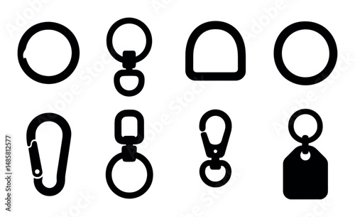Set of metal attachments: rings, carabiners, keychains, hooks
