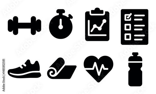 Fitness icons: dumbbell, stopwatch, checklist, shoe, heartbeat