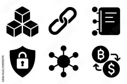 Blockchain icons - chain, shield, decentralized network, cryptocurrency