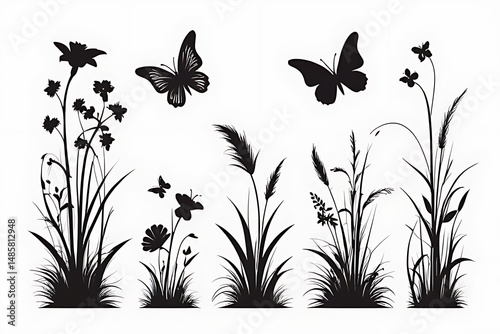 Nature vector – grass, flower, small butterfly black art silhouette logo design