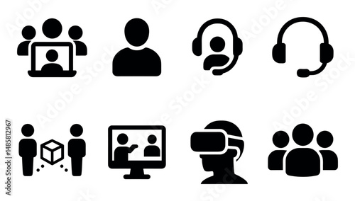 Technology icons: virtual reality, communication, video call, headset