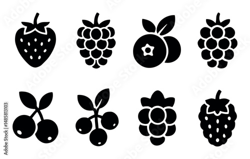 Silhouette icons of various berries in black and white design