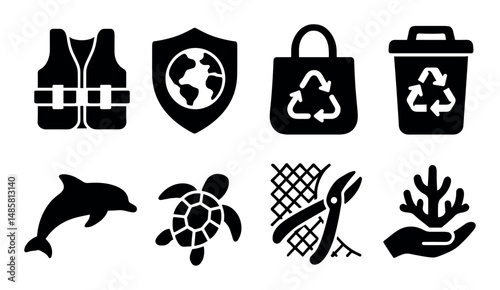 Eco symbols: recycling, conservation, marine life, safety icons