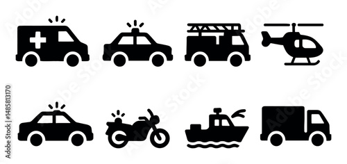 Emergency vehicles: ambulance, helicopter, fire truck, police car