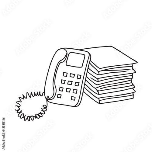 A telephone placed beside stacked documents on an office table