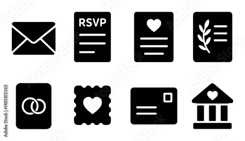 Black silhouette icons of wedding invitations and heart designs
