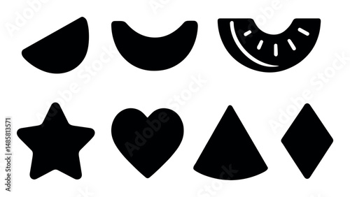 Black geometric and symbolic shapes on white background