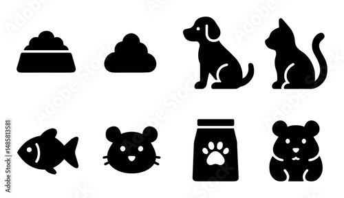 Pet care icons: dog, cat, fish, hamster, food, supplies