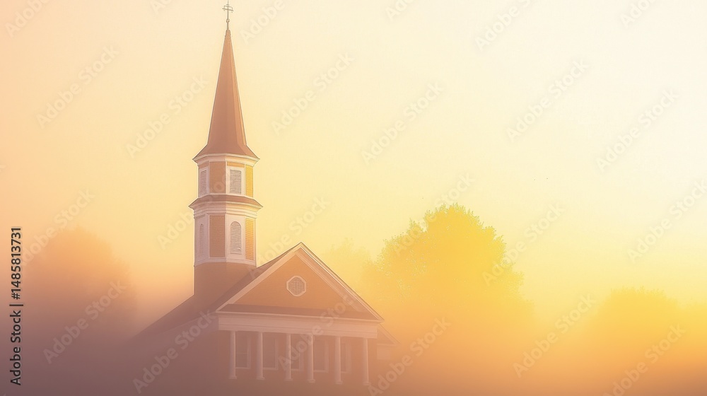 Naklejka premium Church steeple rising through fog in early morning solitude