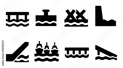 Various lock gate silhouettes over water icons set