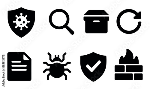 Cybersecurity icons: virus shield, bug, firewall, search, update