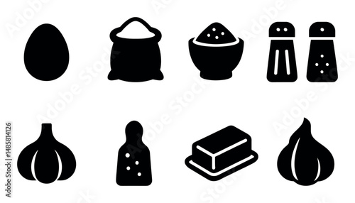 Silhouette icons of kitchen ingredients: eggs, salt, garlic, butter