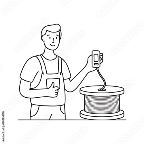Male technician labeling cables beside a spool of wire
