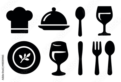 Culinary icons: chef hat, crockery, cutlery, and glassware