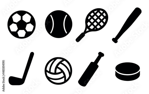 Collection of various sports equipment icons in black silhouette