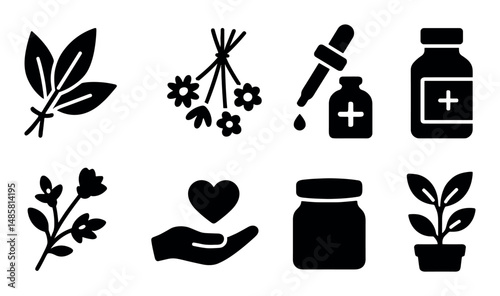 Herbal medicine icons collection featuring plants and bottles