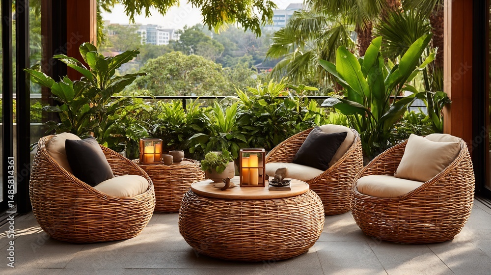 Fototapeta premium Serene outdoor seating area amidst lush greenery