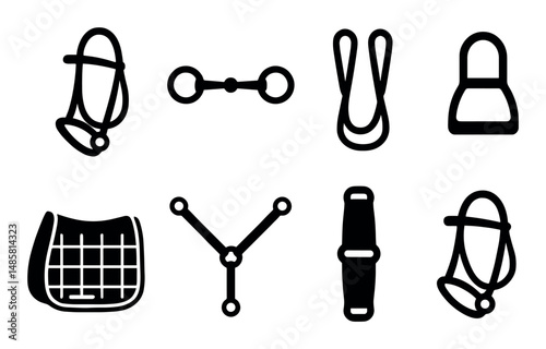 Essential horse tack: bridles, saddles, bits, and straps icons