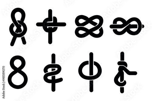 Eight types of knots: loop, figure eight, bowline, overhand