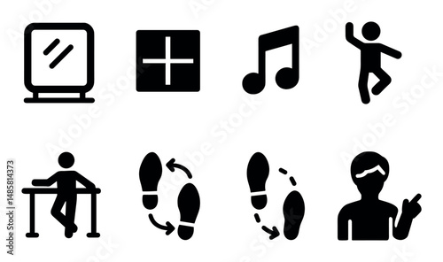 Dance practice icons: mirror, music, steps, performer, choreography