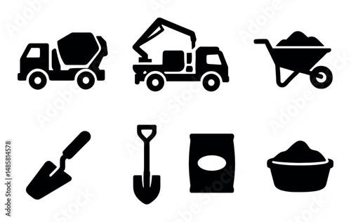 Construction icons: trucks, wheelbarrow, tools, materials set