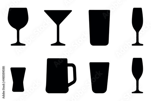 Silhouettes of various drinking glasses on display