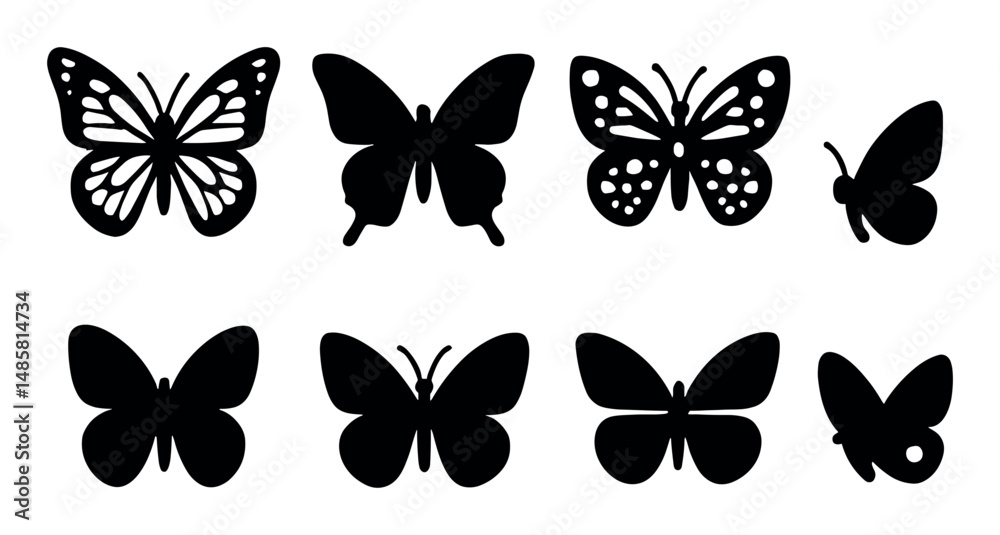Obraz premium Silhouette collection of diverse butterfly shapes on white background