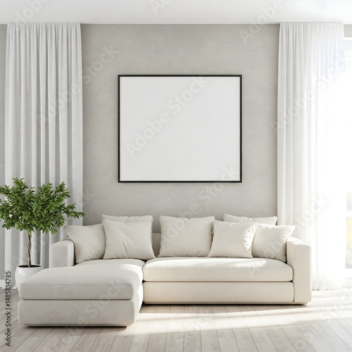 Frame mockup, ISO A paper size. Living room wall poster mockup. Interior mockup with house background. Modern interior design. 3D render 
