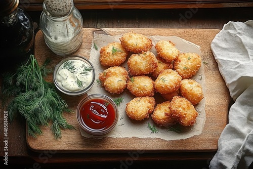 Golden crispy breaded chicken nuggets served on parchment paper with fresh dill garnish and accompanied by creamy white sauce and ketchup on a rustic wooden board