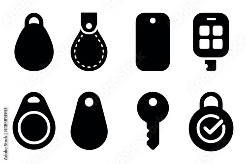 Set of eight black access key and tag icons on white background