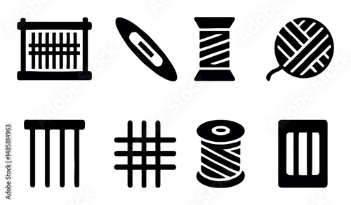 Set of eight iconic weaving and sewing symbols in black