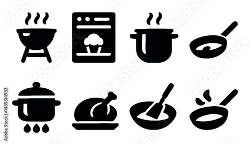 Various cooking icons: grill, oven, pot, pan, utensils, chicken