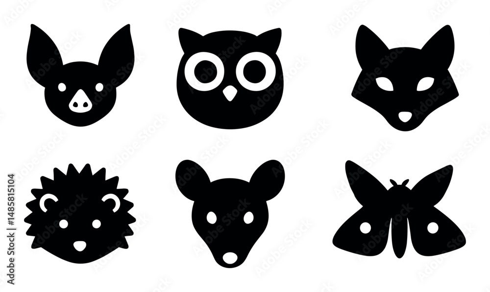 Fototapeta premium Silhouettes of bat, owl, fox, hedgehog, mouse, and moth