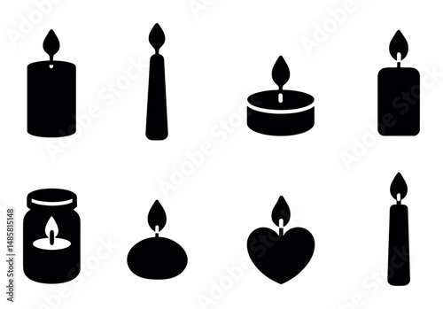 Set of eight solid black candle icons on white background