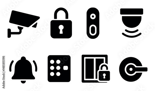 Security icons: camera, lock, alarm, access control, keypad