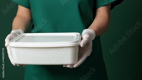 Gloved hands hold a white plastic container in front of a green uniform, centered in the frame