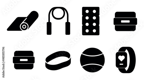 Fitness equipment icons: mat, jump rope, weights, smartwatch