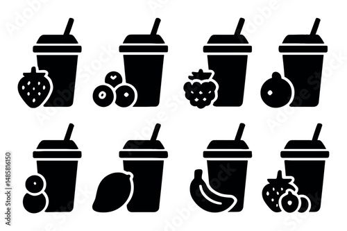 Black and white fruit smoothies with various fruit icons