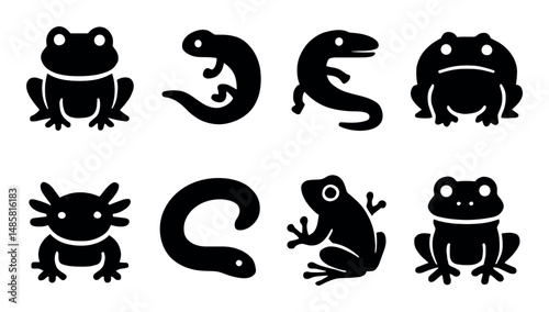 Silhouette set of various amphibians and reptiles in black