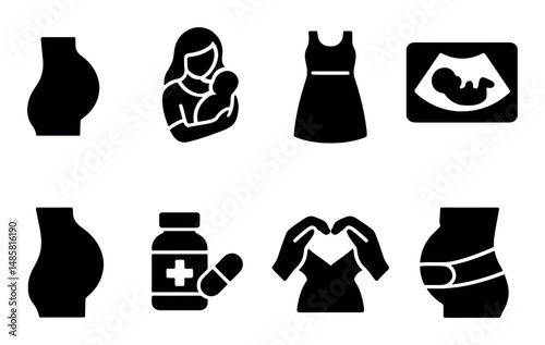 Pregnancy and motherhood icons: ultrasound, medicine, baby bump