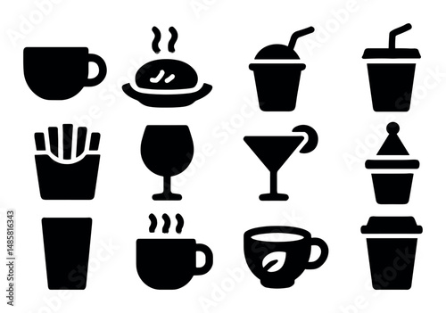 Silhouette icons of beverages and snacks: coffee, drinks, food