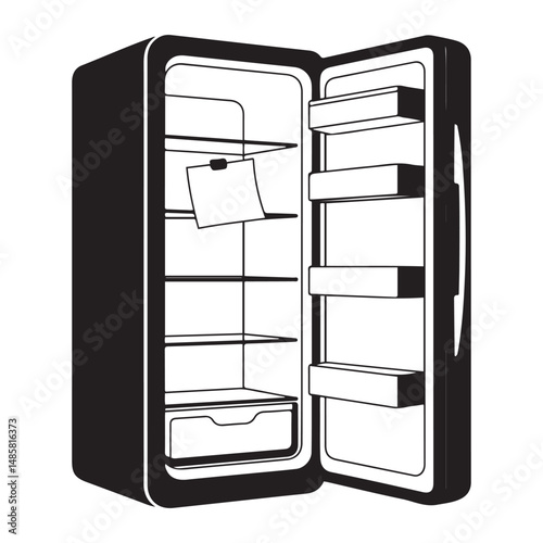 Open refrigerator with shelves Vector black silhouette. with white background