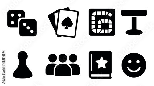 Board game icons: dice, cards, board, table, game pieces, book, group