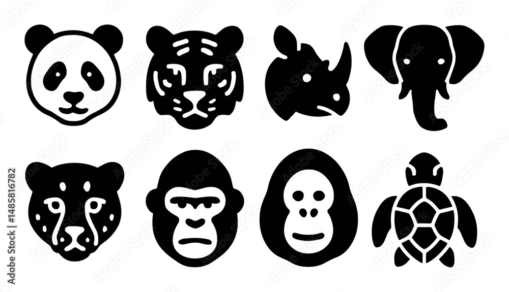 Fototapeta premium Black and white animal icons: panda, elephant, tiger, gorilla, more
