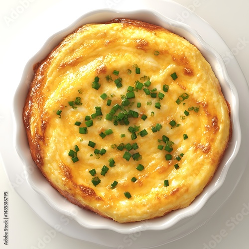 Delicious baked souffle topped with chopped chives and presented in a white ruffled baking dish photo