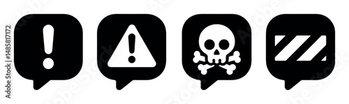 Set of alert icons: exclamation, warning, skull, caution stripes