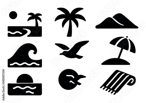 Beach icons set: palm trees, waves, sunset, umbrella, towel