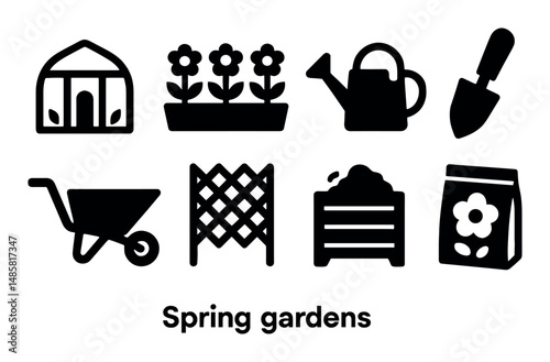 Garden tools and icons: greenhouse, wheelbarrow, flowers, watering
